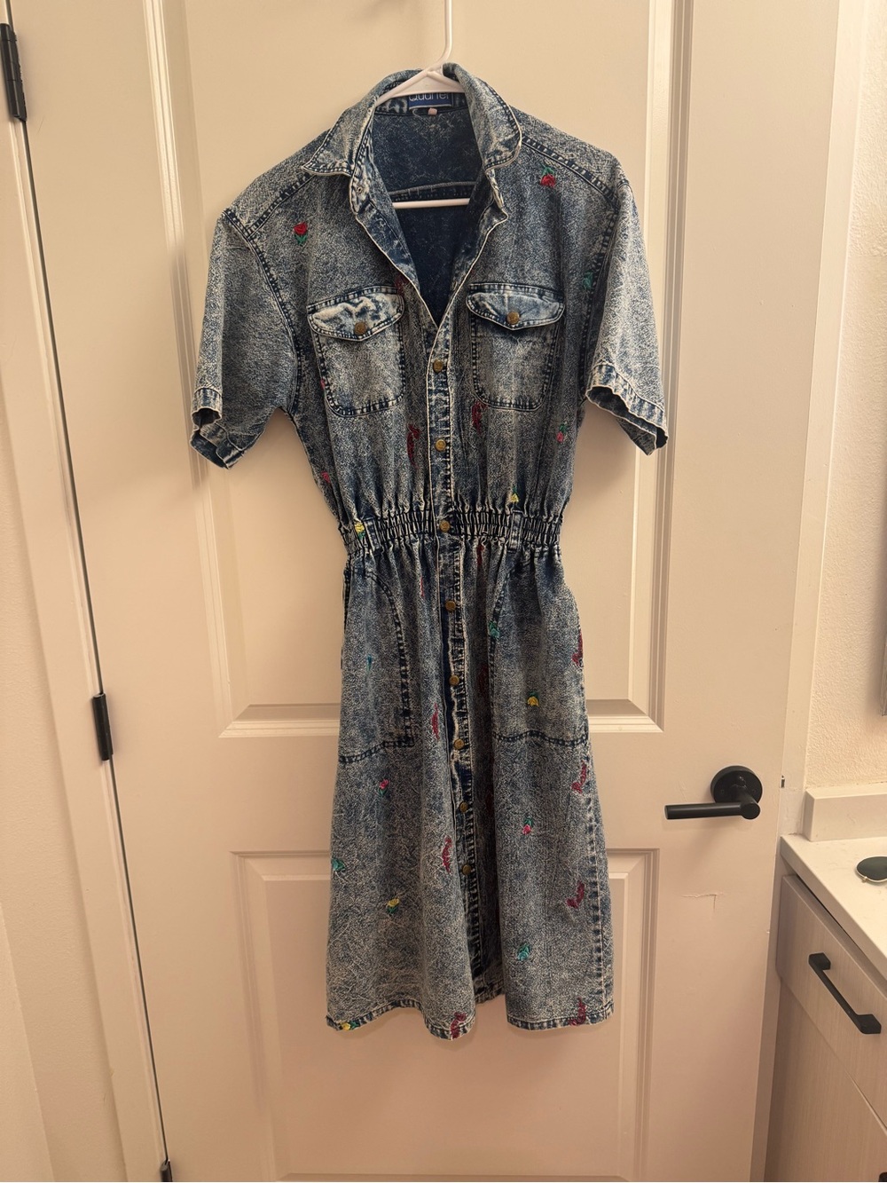 Quarter Brand Vintage 1980s Acid Wash Denim Shirt Dress with Embroidered Accents